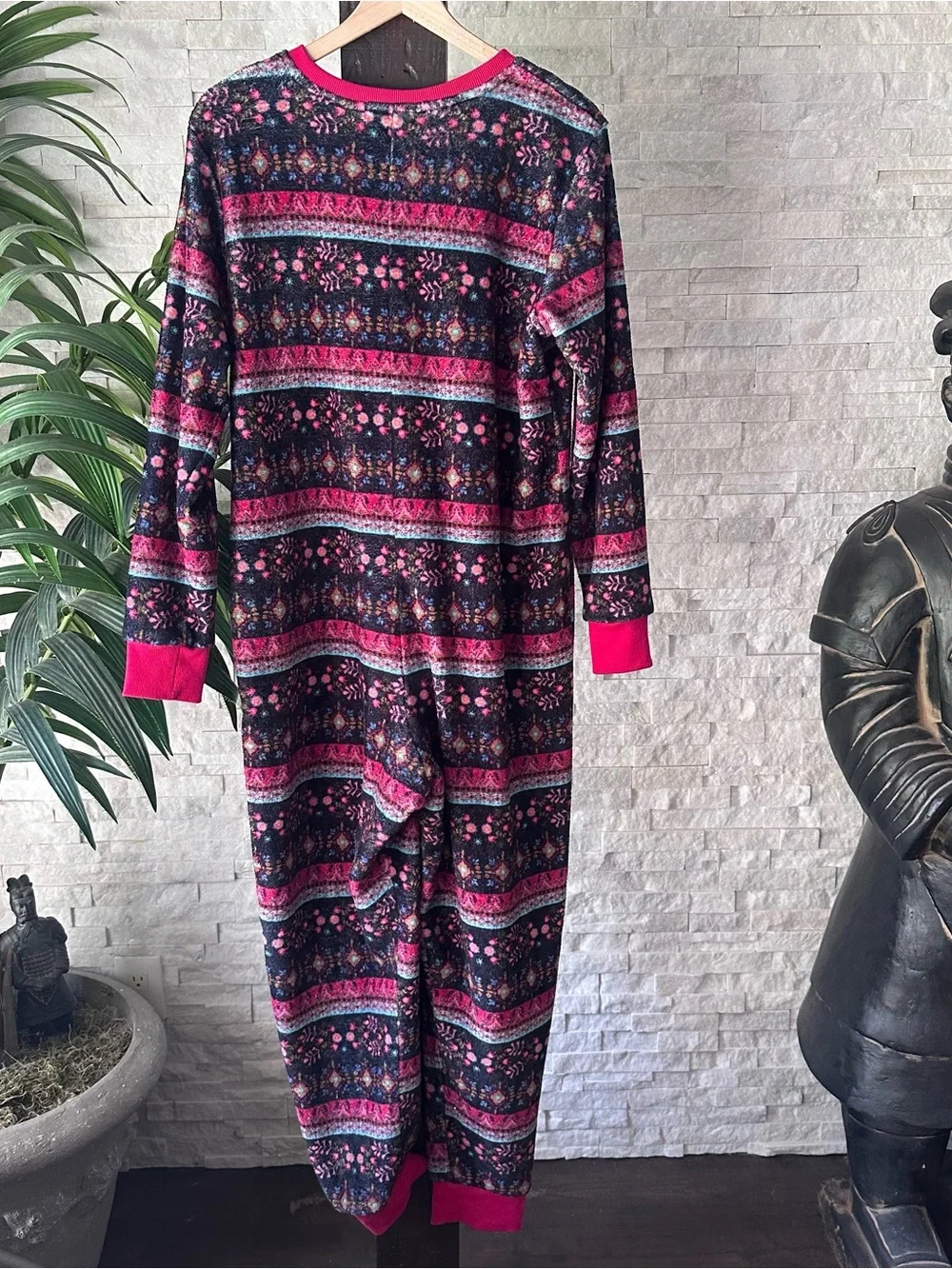Natural Life Boho Dark Floral Patterned Fleece Cozy One-Piece Jumpsuit Size M